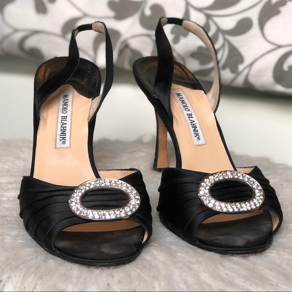 Manolo Blahnik black satin open toe heels